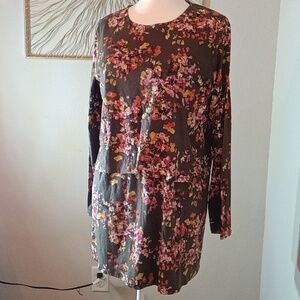 J. Jill NWT Olive Green With Floral Print Long Sleeve Crew Neck Tunic NWT